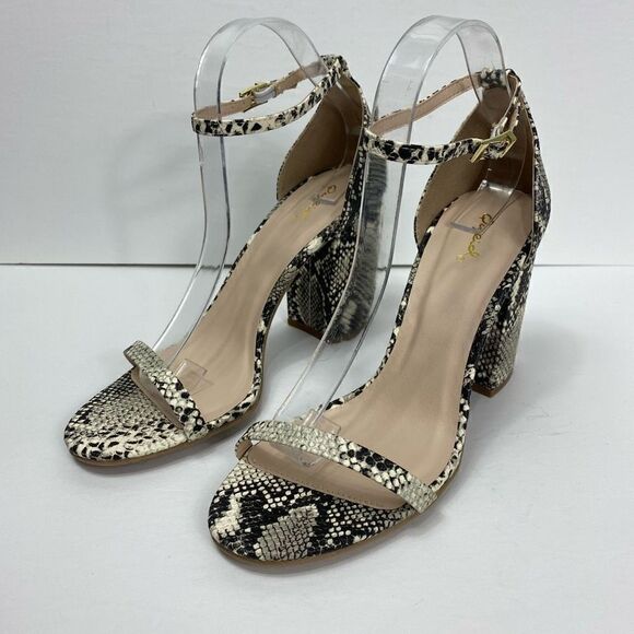 Qupid Snake Embossed Open Toe Ankle Strap Chunky Heel in Beige Brown - Picture 3 of 7